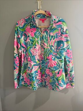 Lilly Pulitzer Pink Teal Green Floral Quarter-Zip Pullover